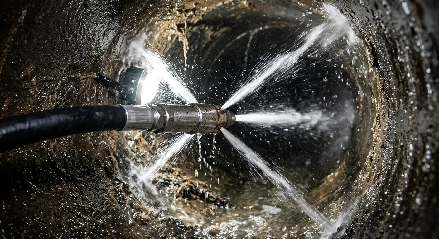 High-pressure hydro jetting nozzle cleaning sewer pipe for Trenchless Sewer Repair in Sunbury