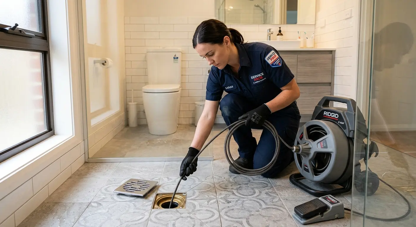 Technician clearing a bathroom floor drain for Sewer Line Installation in Sunbury